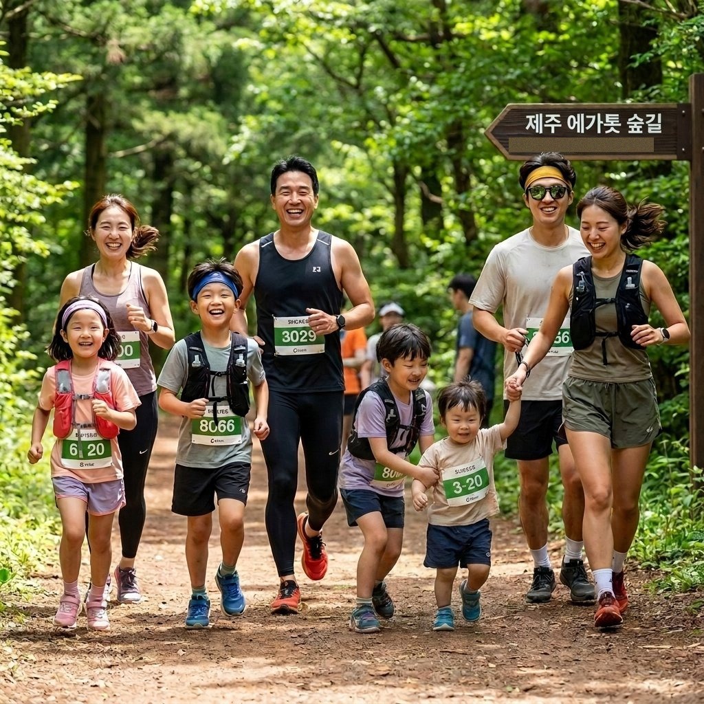 제주 에가톳 숲길에서 함께 달리는 가족